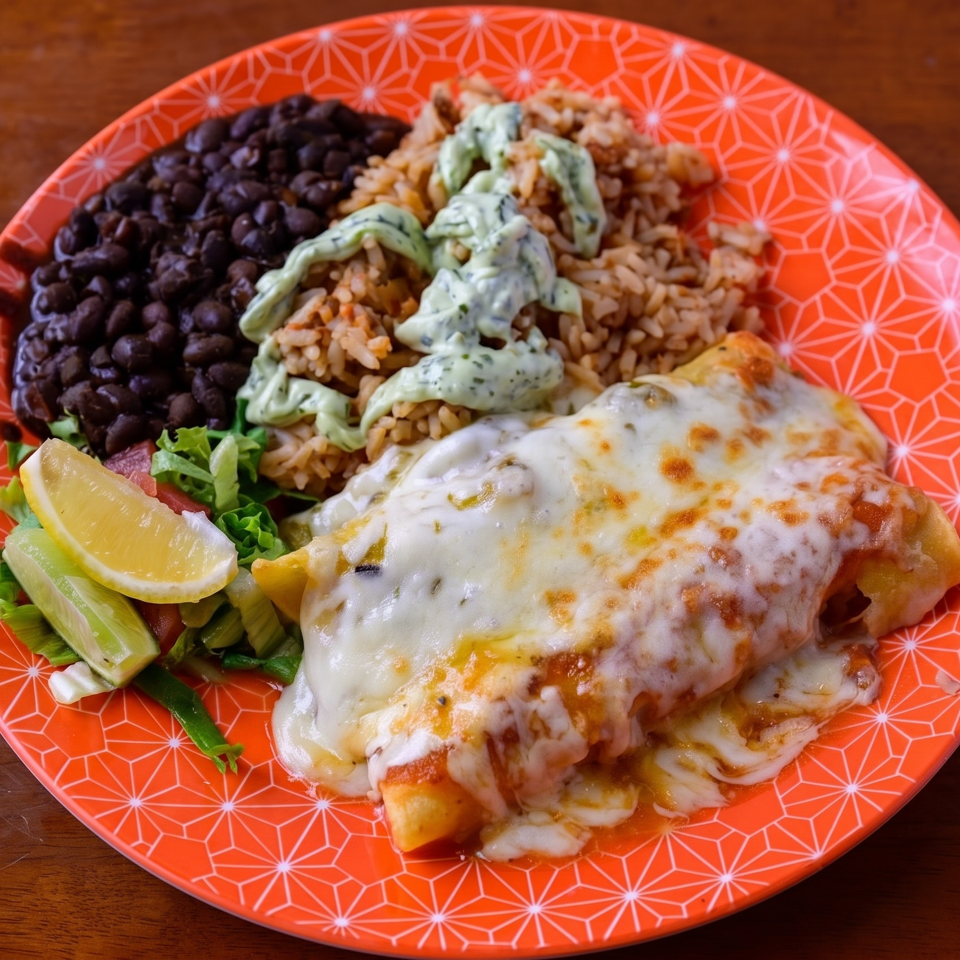 Cheesy enchiladas served with black beans, rice, creamy green sauce, lettuce, and lemon on a patterned red plate.