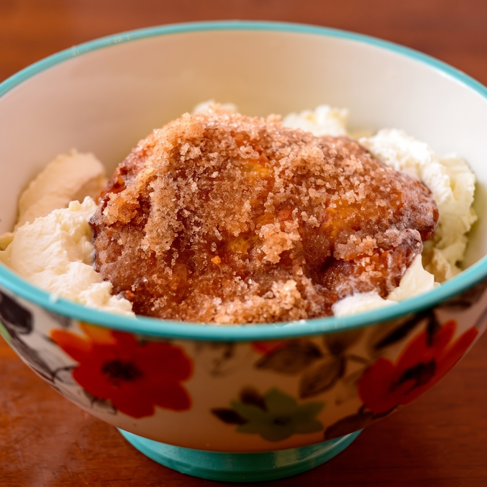 Cinnamon-sugar coated dessert topped with whipped cream, served in a floral bowl on a wooden table.