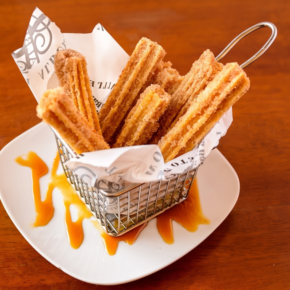 Basket of sugar-dusted churros on a white plate drizzled with orange sauce atop a wooden table.