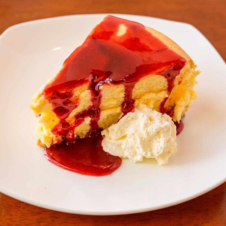 Slice of cake topped with red berry sauce and whipped cream on a white plate.