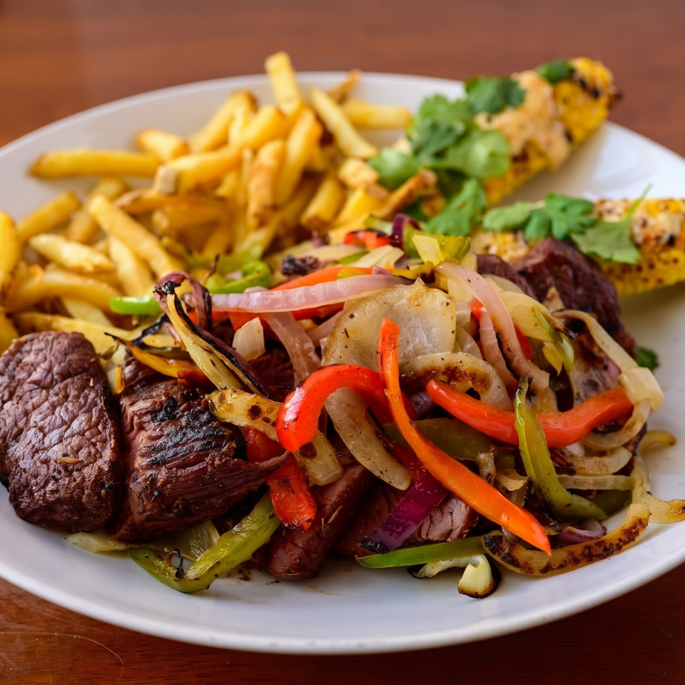 Grilled steak topped with sautéed peppers and onions, served with fries, corn, and fresh herbs on a white plate.