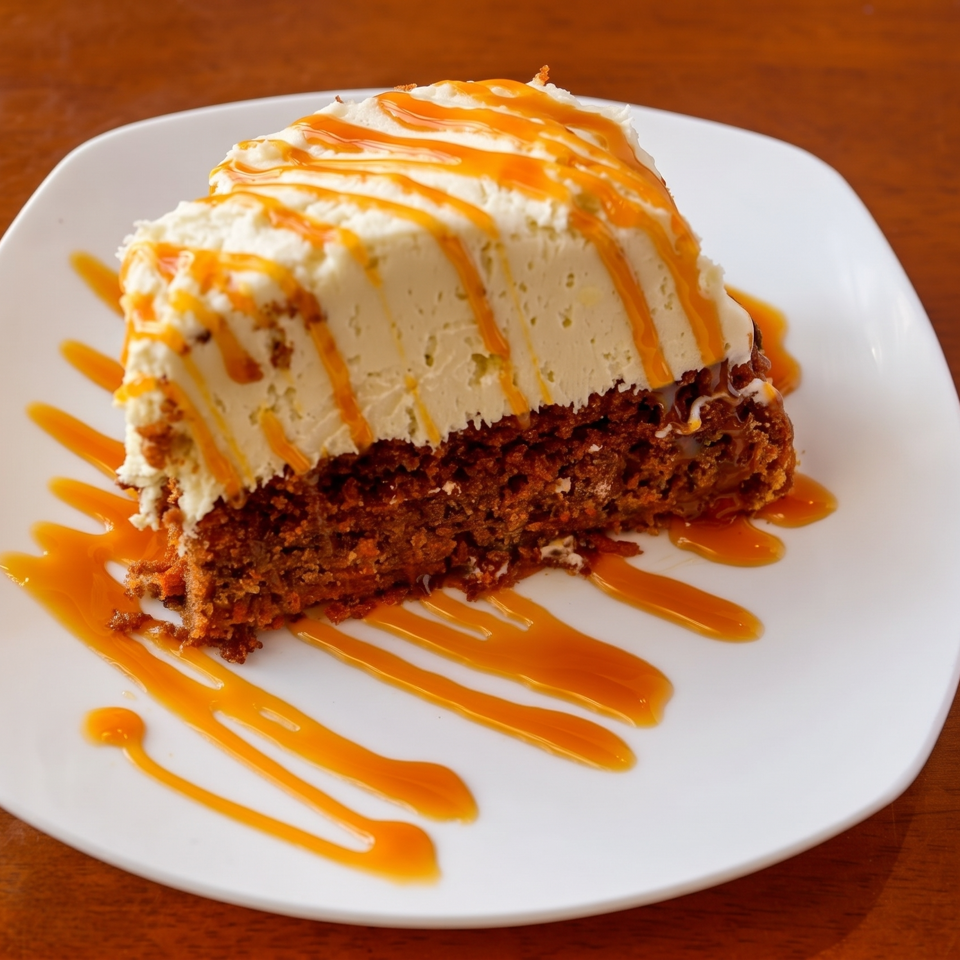 Slice of layered chocolate cake topped with whipped cream and drizzled with caramel sauce on a white plate.