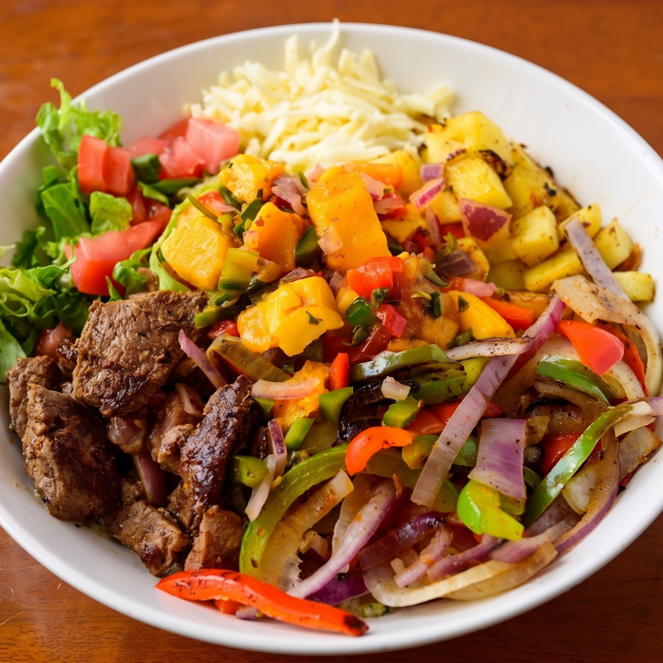 Bowl of grilled beef, roasted vegetables, sautéed peppers and onions, salad greens, and rice on a wooden table.