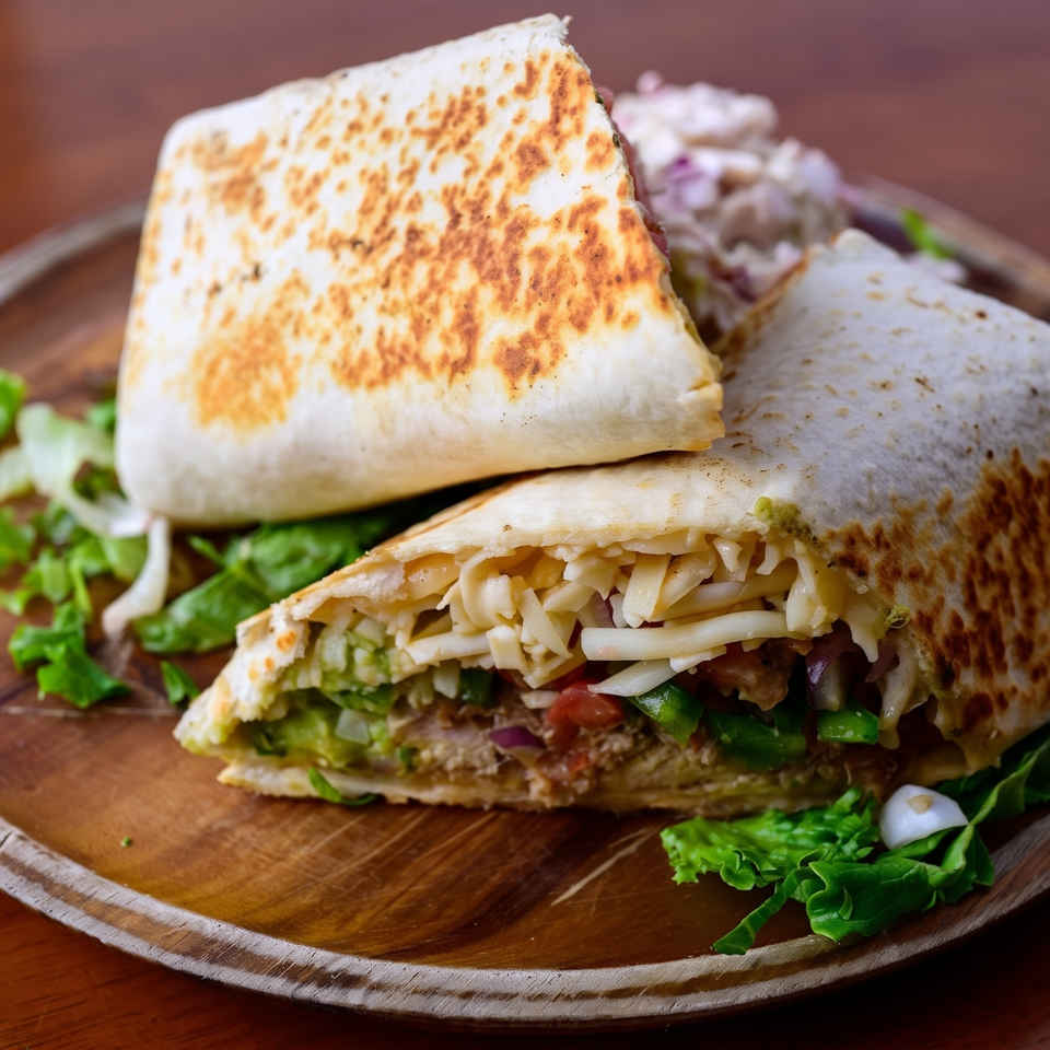 Two toasted, stuffed burritos filled with rice, vegetables, and meat, served on a plate with fresh lettuce.