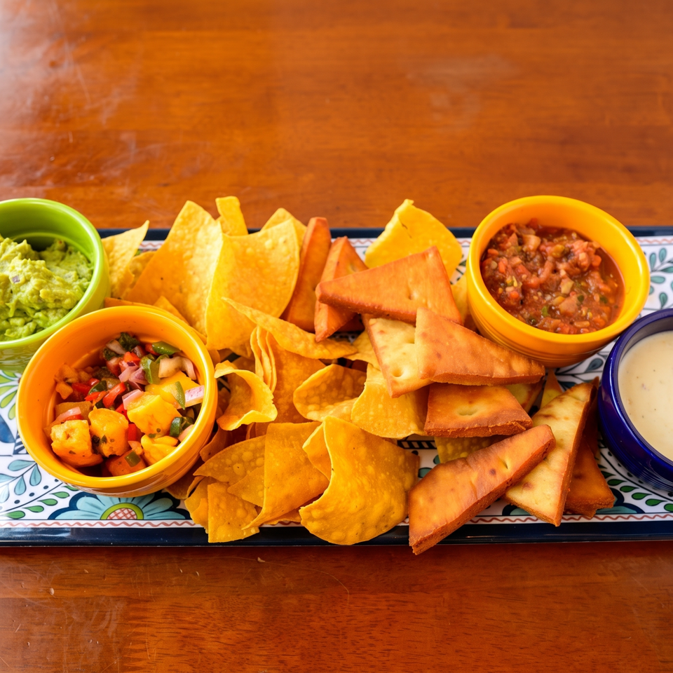 Platter of tortilla chips and triangular appetizers with guacamole, salsa, pico de gallo, and creamy queso dips.