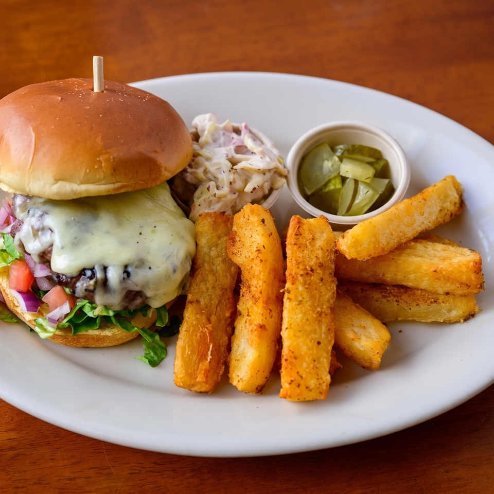 Cheeseburger with lettuce and tomato, golden fries, creamy slaw, and pickles served on a white plate.