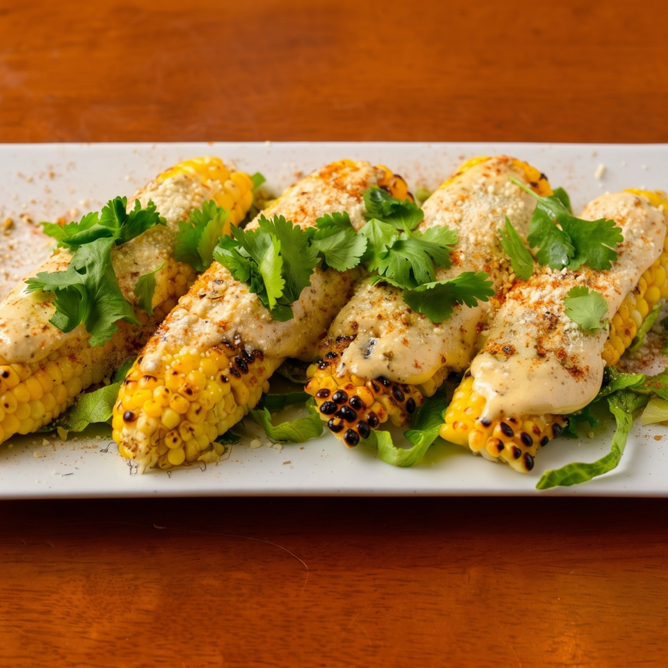 Grilled corn cobs topped with creamy sauce, spices, and fresh cilantro on a white platter.