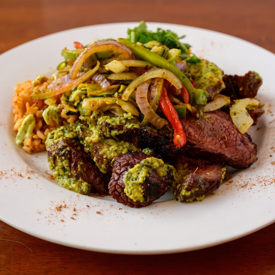 Grilled steak topped with guacamole and sautéed peppers, served with rice, vegetables, and seasoned sauce on a white plate.