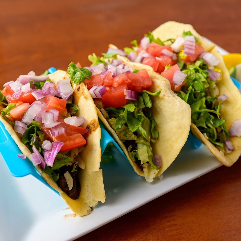 Three soft tacos filled with greens, diced tomatoes, red onions, and grilled vegetables on a white plate.