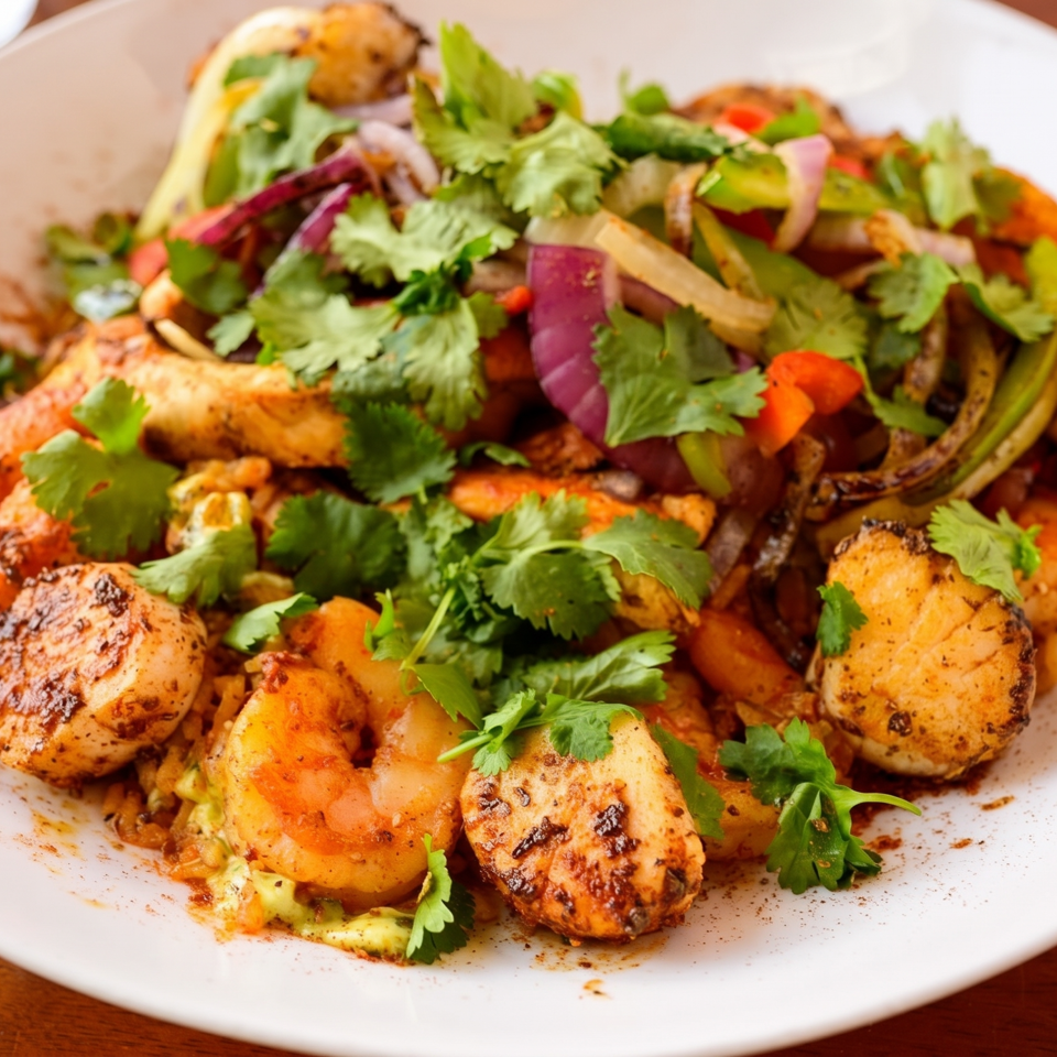 Grilled seafood and vegetables topped with fresh cilantro, red onion, and lemon wedges on a white plate.