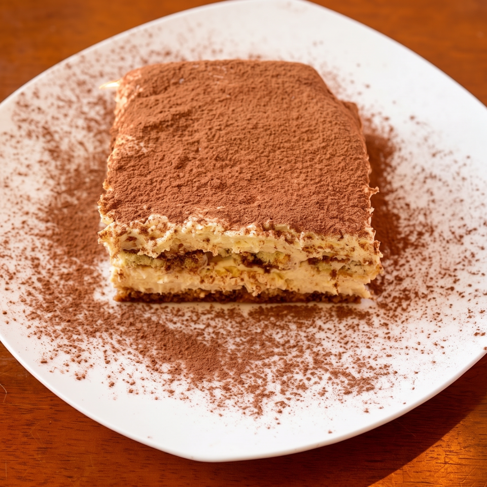 Slice of tiramisu dusted with cocoa powder on a white plate atop a wooden table.